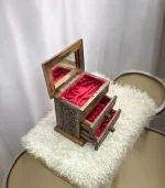 El Oyma Ceviz Ahşap Aynalı Makyaj ve Aksesuar Kutusu 26x17x28 cm | Çekmeceli Takı Kutusu - Görsel 5